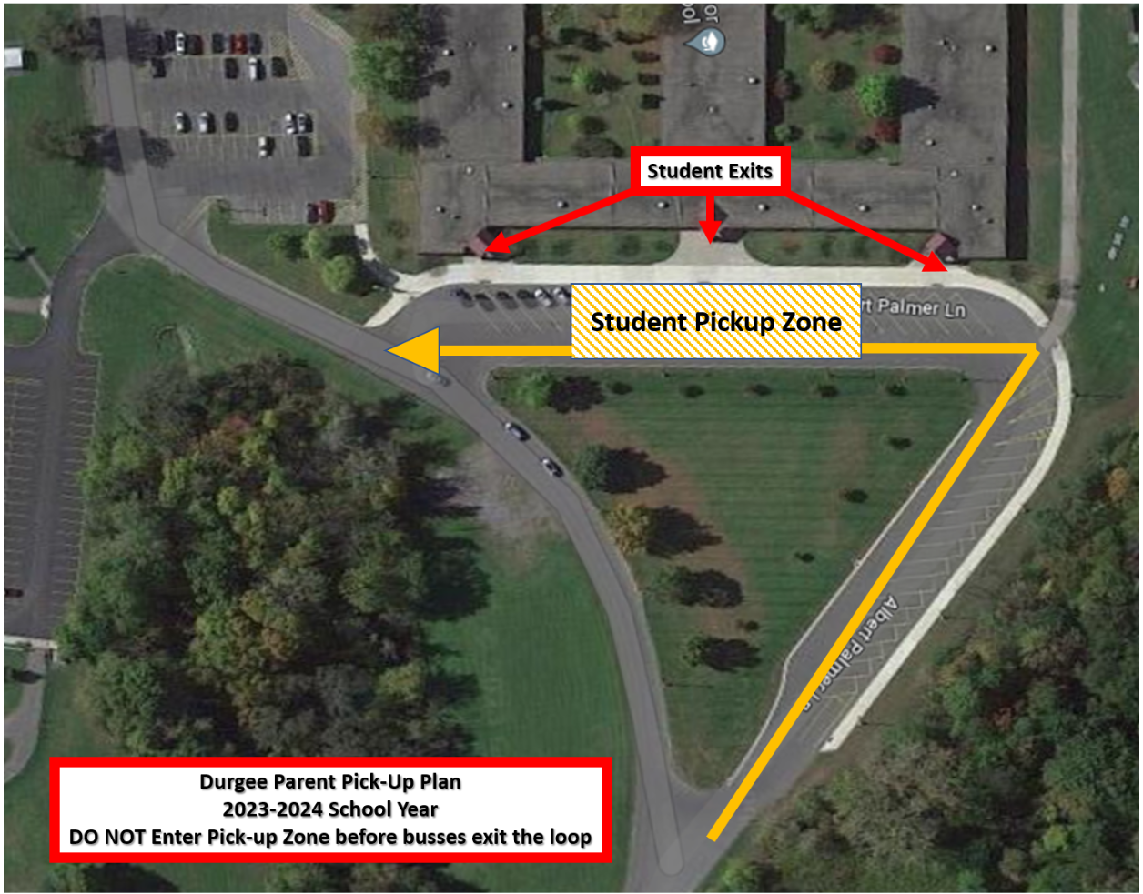 Map of campus - parents enter bus loop and pause in front of doors to pickup students